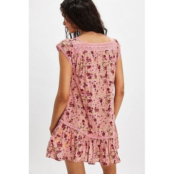 Free people Alessia Print Mini Dress Floral Flutter Sleeve Lace Cotton S 283601 - Picture 2 of 8